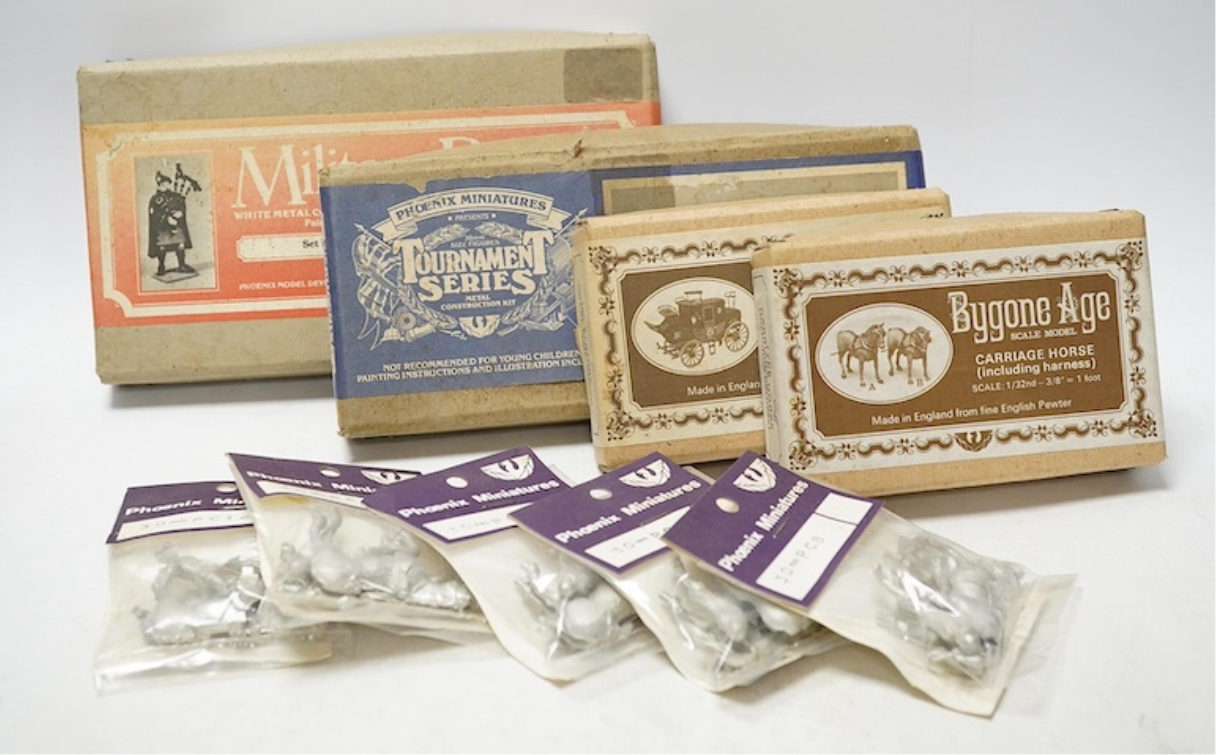 A collection of boxed and packeted white metal models and kits intended for dioramas and war gaming, by manufacturers including; Citadel Miniatures (Games Workshop), Bygone Age, Phoenix Scale Miniatures, etc. in a variet